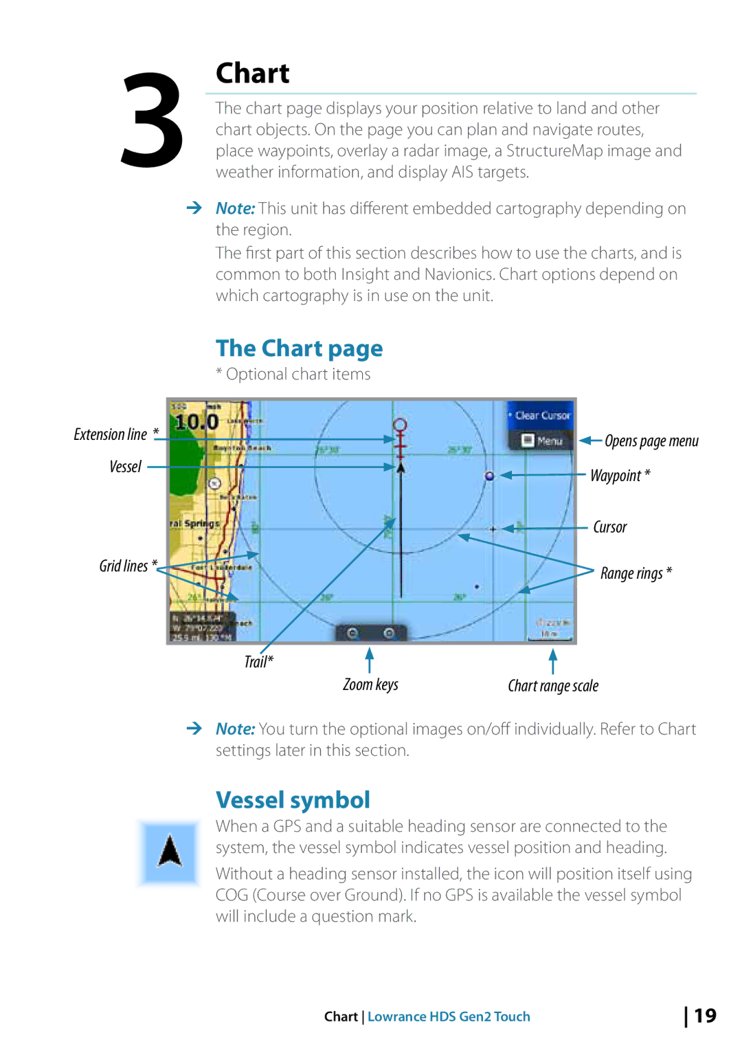 Lowrance electronic 10764001 manual Chart, Vessel symbol, Optional chart items 