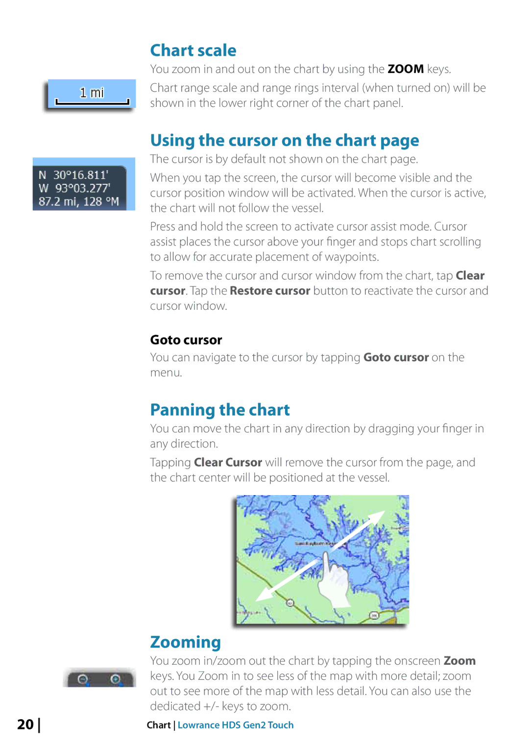 Lowrance electronic 10764001 manual Chart scale, Using the cursor on the chart, Panning the chart, Zooming, Goto cursor 