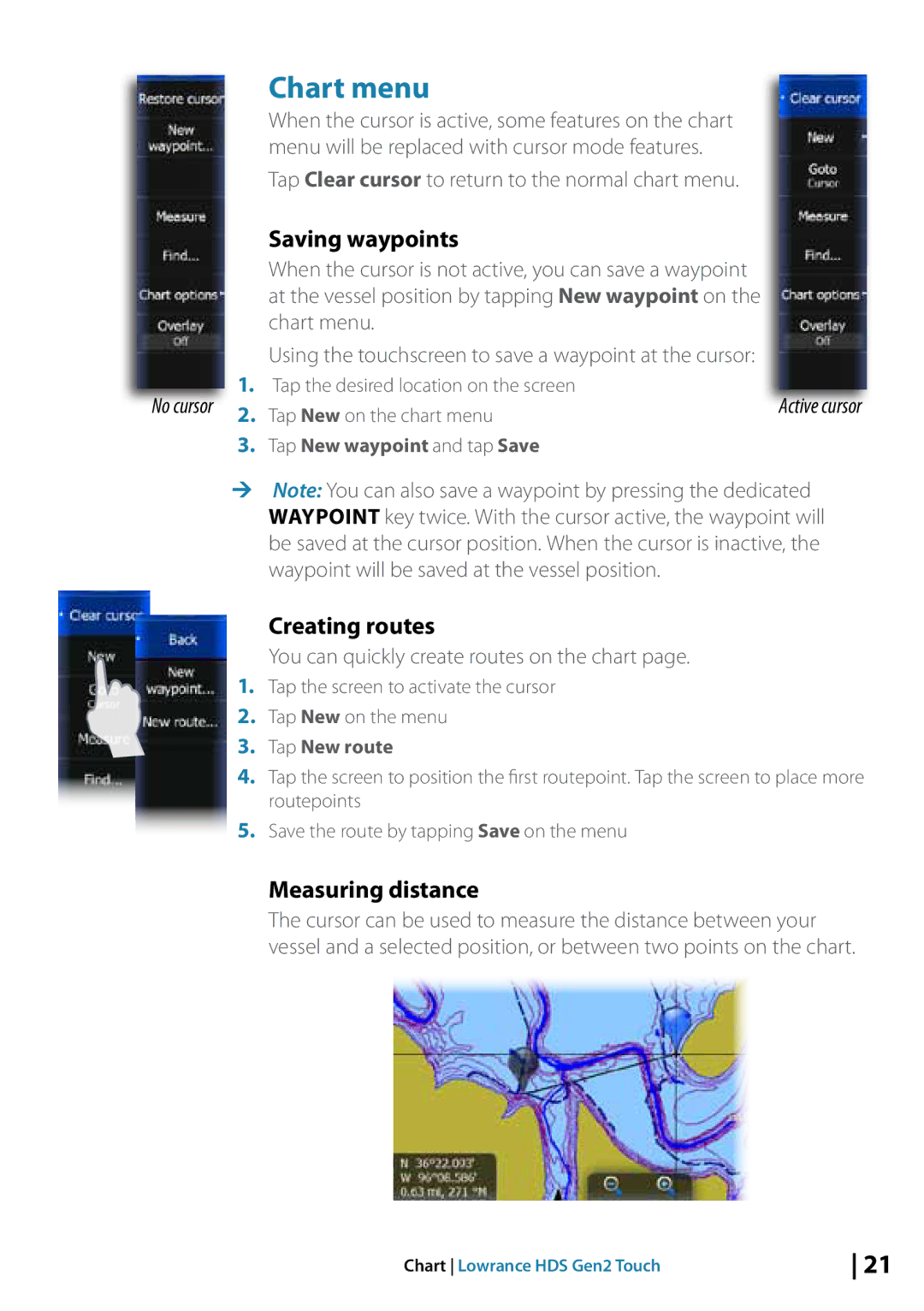 Lowrance electronic 10764001 Chart menu, Creating routes, Measuring distance, You can quickly create routes on the chart 