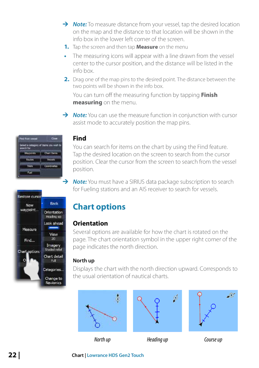 Lowrance electronic 10764001 manual Chart options, Find, Orientation, North up Heading up 