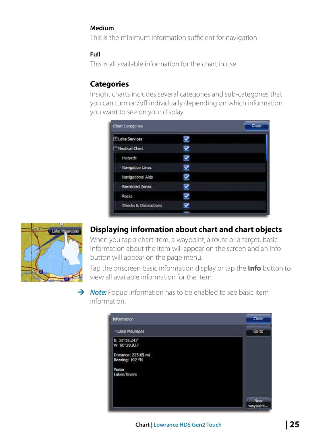 Lowrance electronic 10764001 manual Categories, Displaying information about chart and chart objects 