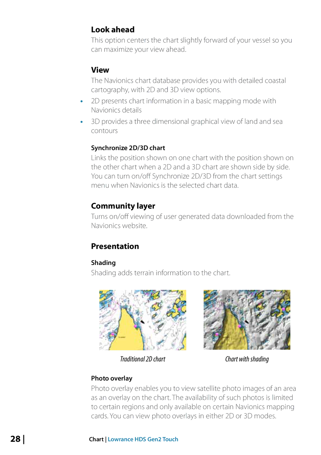 Lowrance electronic 10764001 manual View, Community layer, Presentation, Shading adds terrain information to the chart 