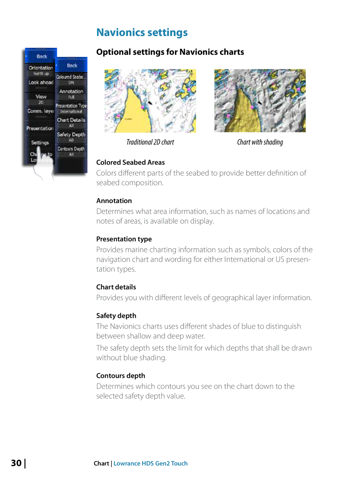 Lowrance electronic 10764001 manual Navionics settings, Optional settings for Navionics charts 