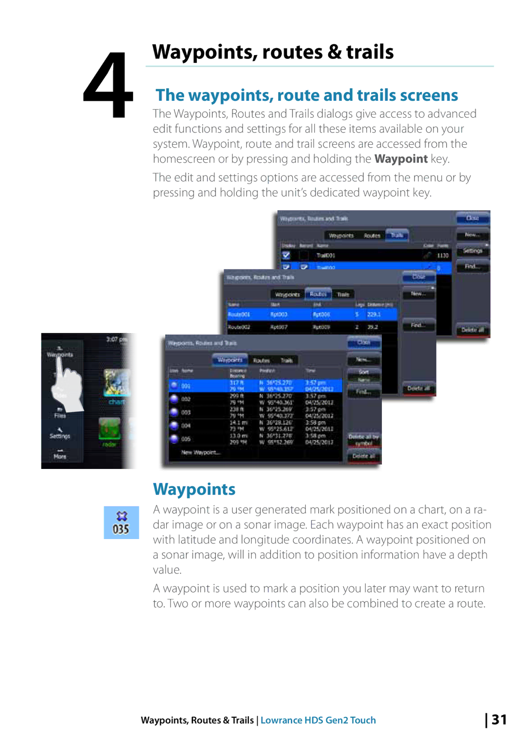 Lowrance electronic 10764001 manual Waypoints, routes & trails, Waypoints, route and trails screens 