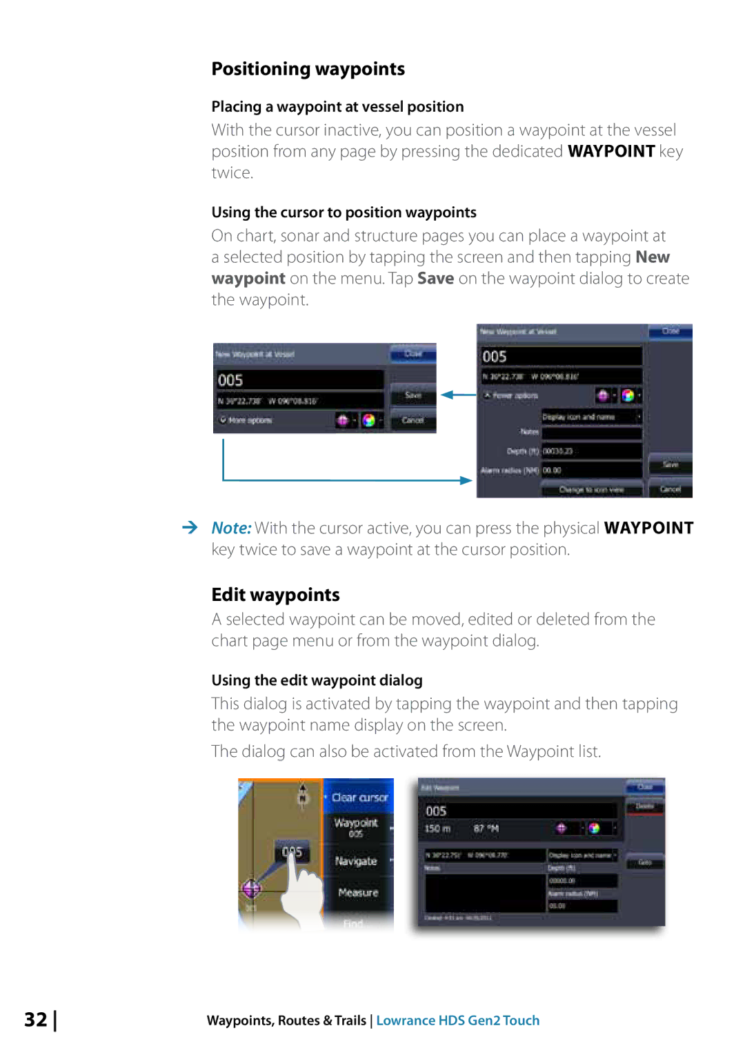 Lowrance electronic 10764001 manual Positioning waypoints, Edit waypoints, Twice 