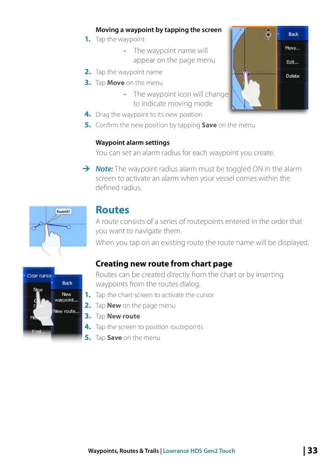Lowrance electronic 10764001 manual Routes, Creating new route from chart, Moving a waypoint by tapping the screen 