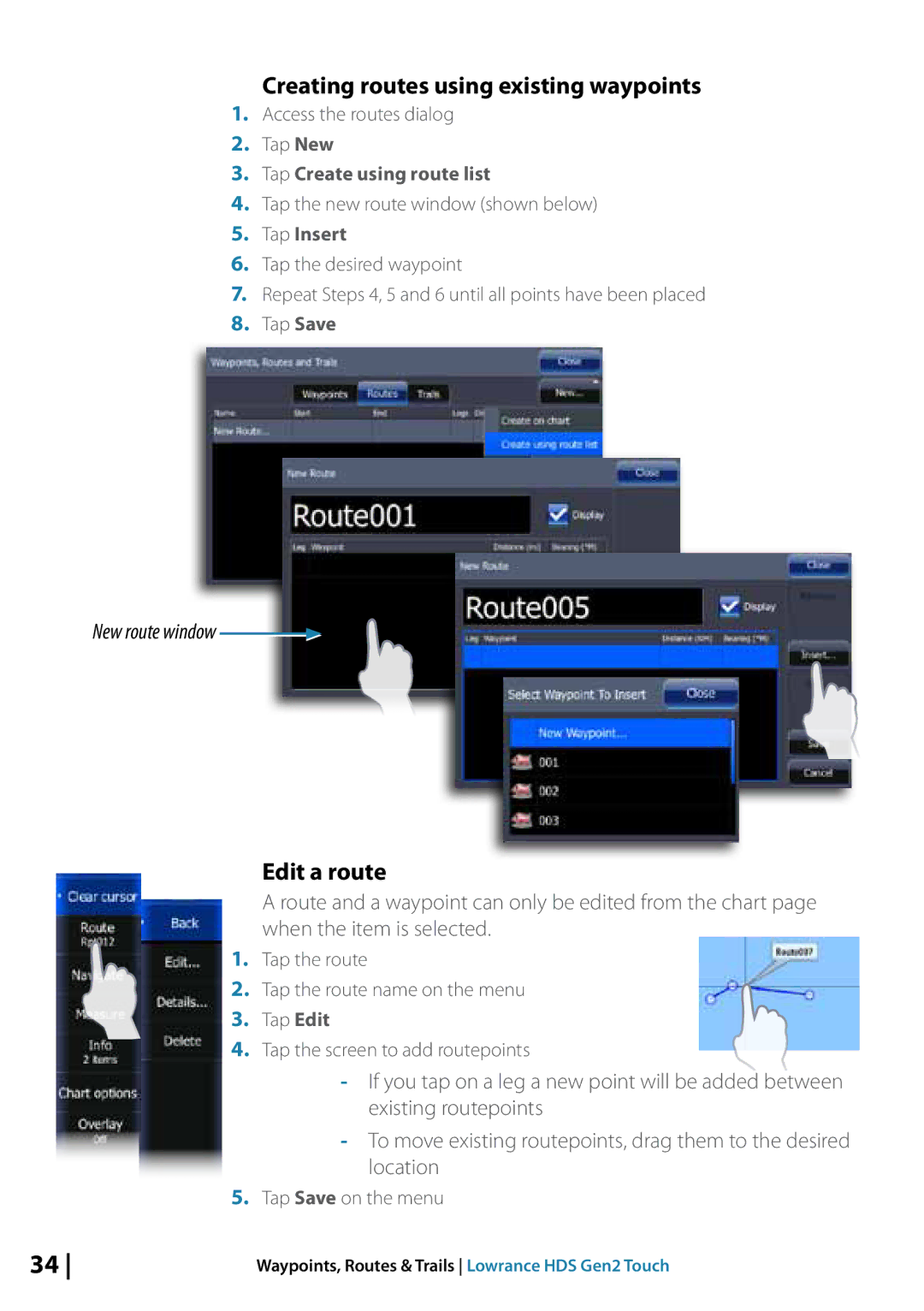 Lowrance electronic 10764001 manual Creating routes using existing waypoints, Edit a route, New route window 