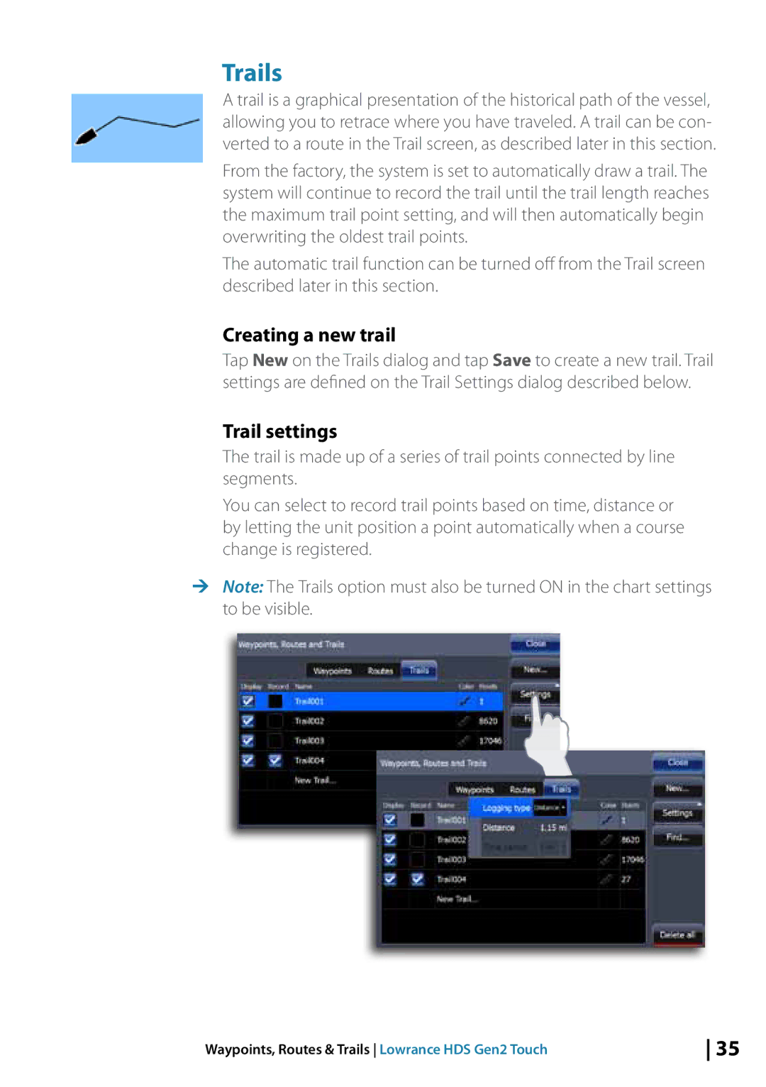 Lowrance electronic 10764001 manual Trails, Creating a new trail, Trail settings 