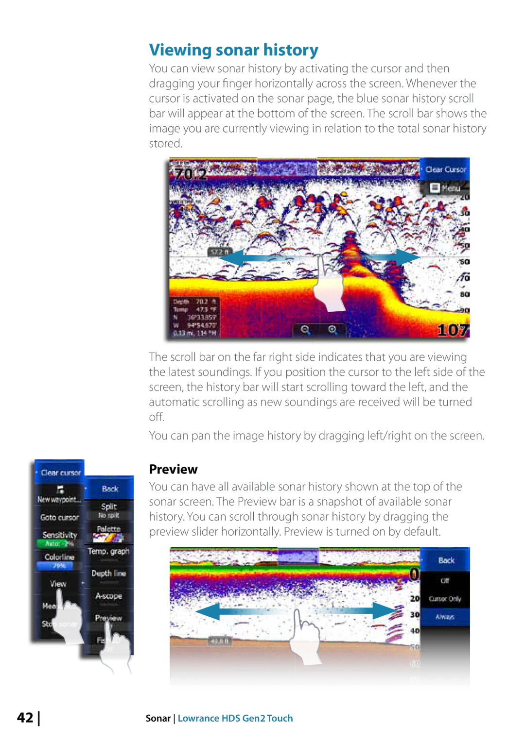 Lowrance electronic 10764001 manual Viewing sonar history, Preview 