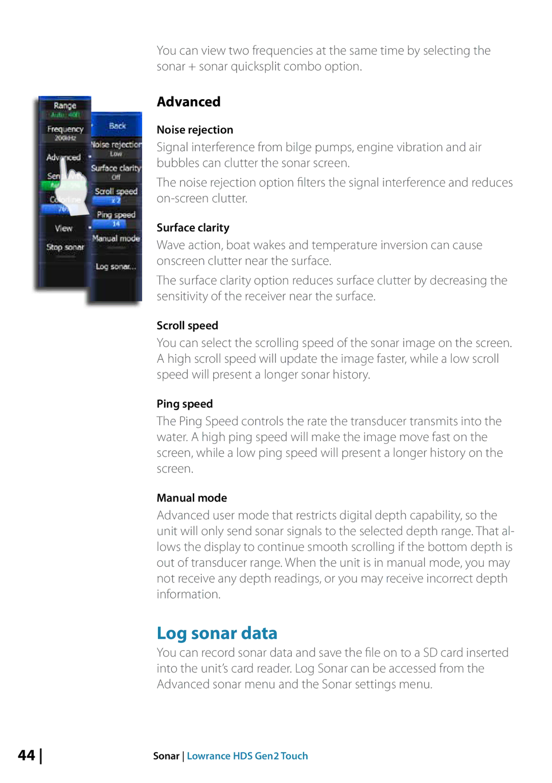 Lowrance electronic 10764001 manual Log sonar data, Advanced 
