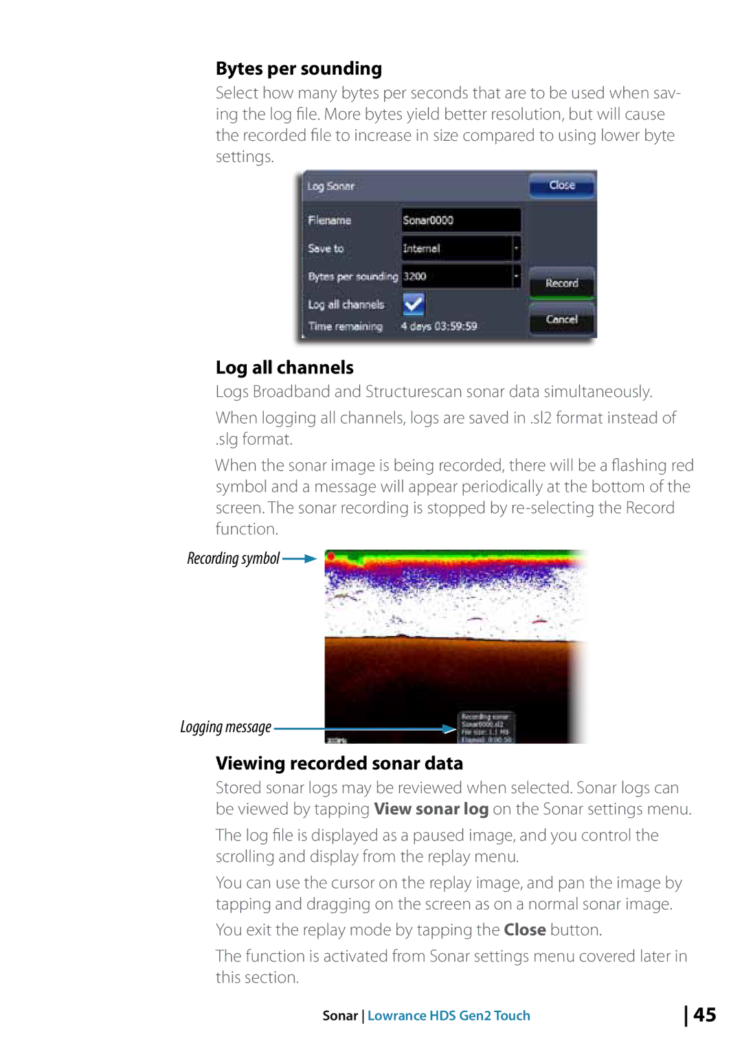 Lowrance electronic 10764001 manual Bytes per sounding, Log all channels, Viewing recorded sonar data 