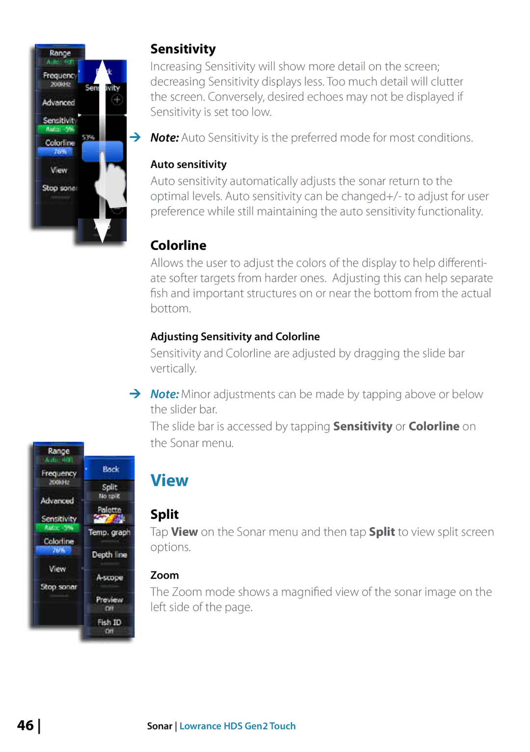 Lowrance electronic 10764001 manual View, Sensitivity, Colorline, Split 