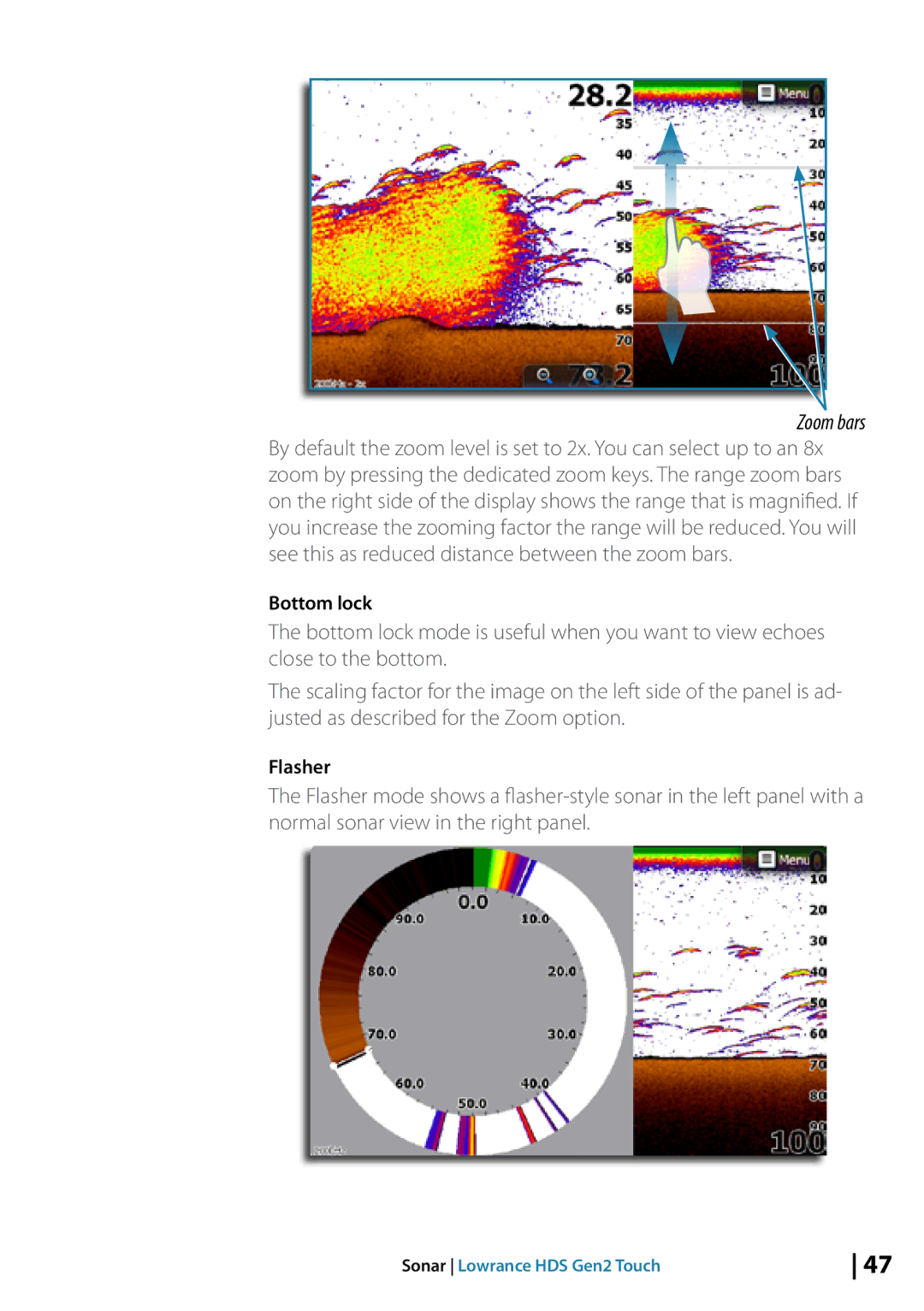 Lowrance electronic 10764001 manual Zoom bars, Bottom lock, Flasher 