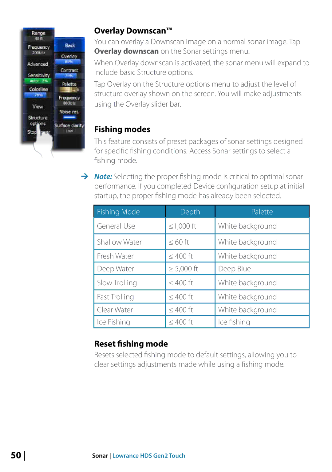 Lowrance electronic 10764001 manual Overlay Downscan, Fishing modes, Reset fishing mode 