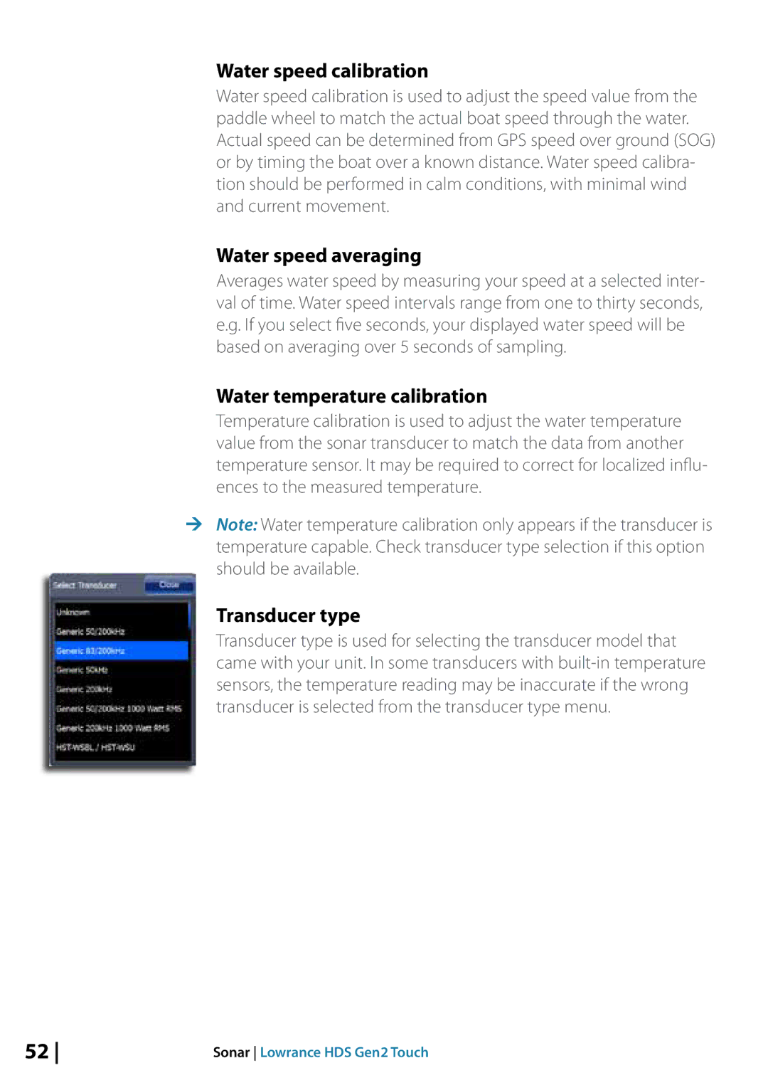 Lowrance electronic 10764001 manual Water speed calibration, Water speed averaging, Water temperature calibration 