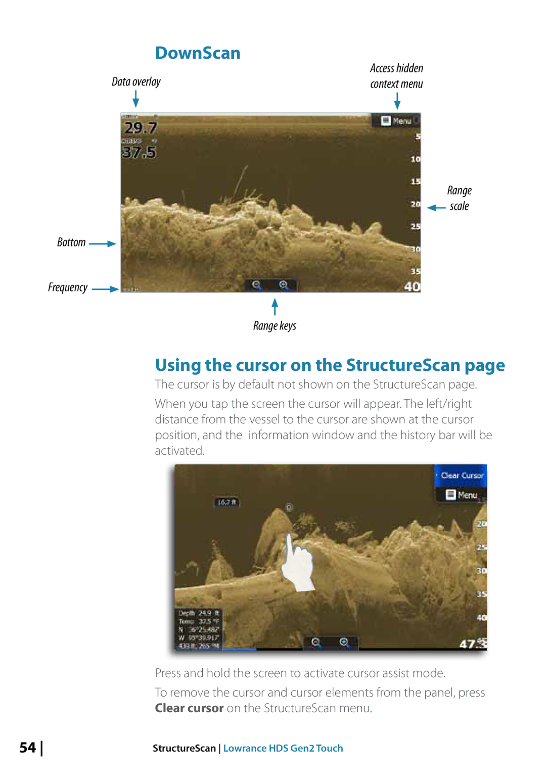 Lowrance electronic 10764001 manual DownScan, Using the cursor on the StructureScan, Data overlay 