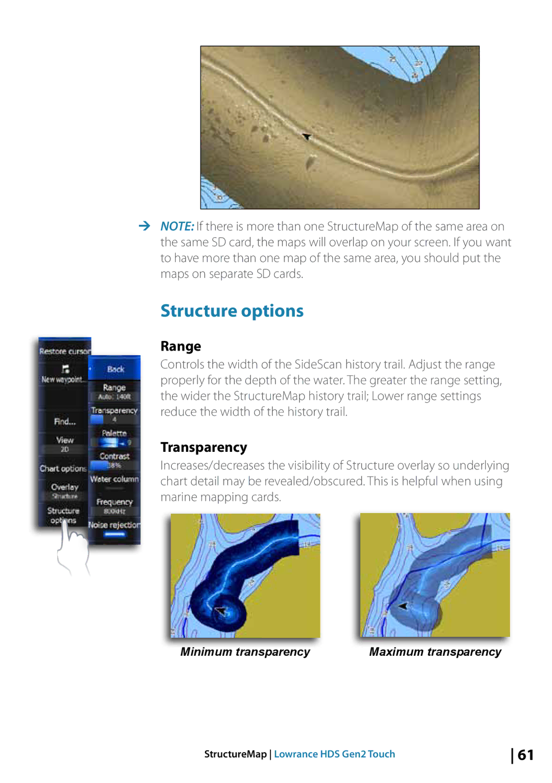 Lowrance electronic 10764001 manual Structure options, Transparency 