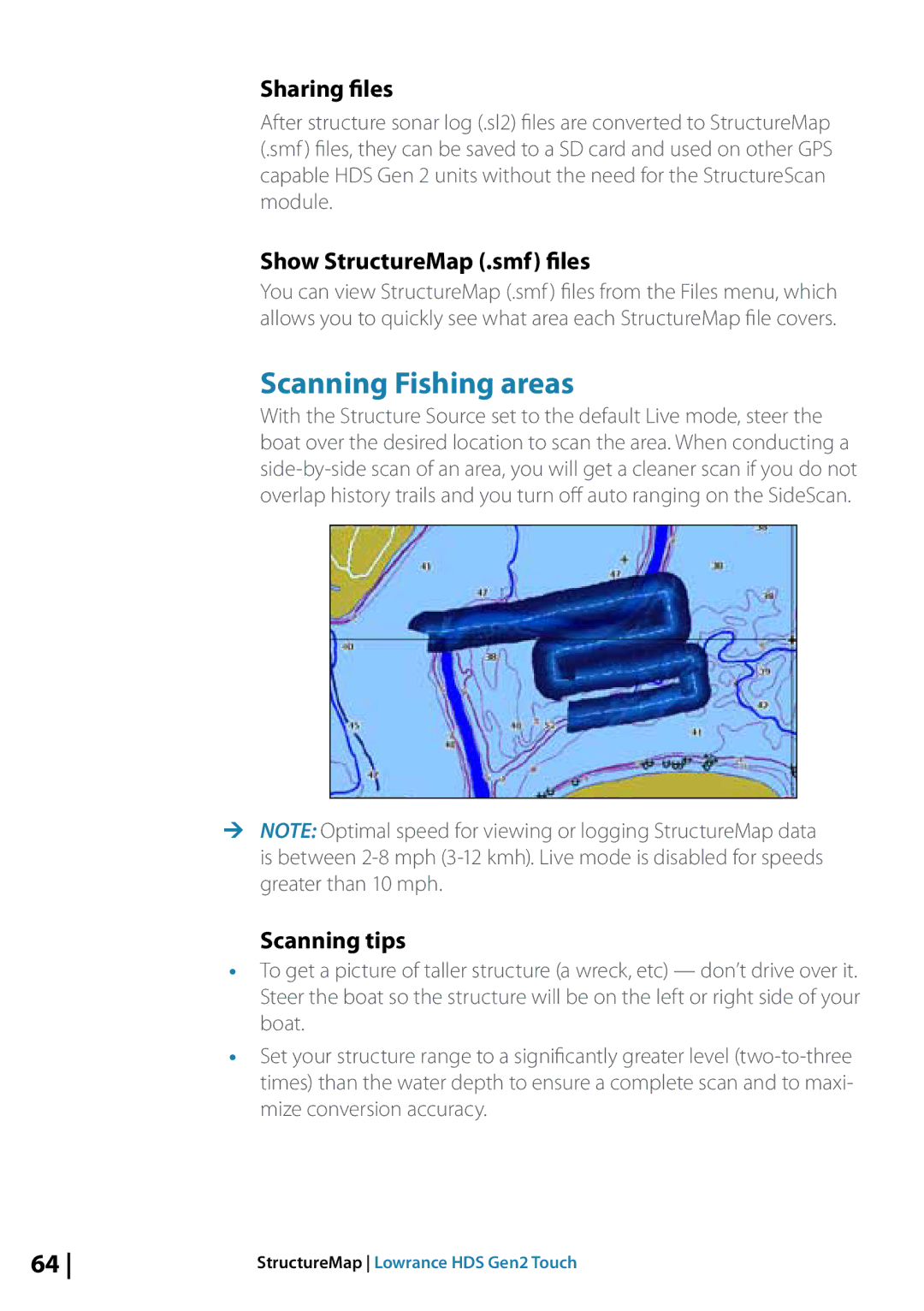 Lowrance electronic 10764001 manual Scanning Fishing areas, Sharing files, Show StructureMap .smf files, Scanning tips 