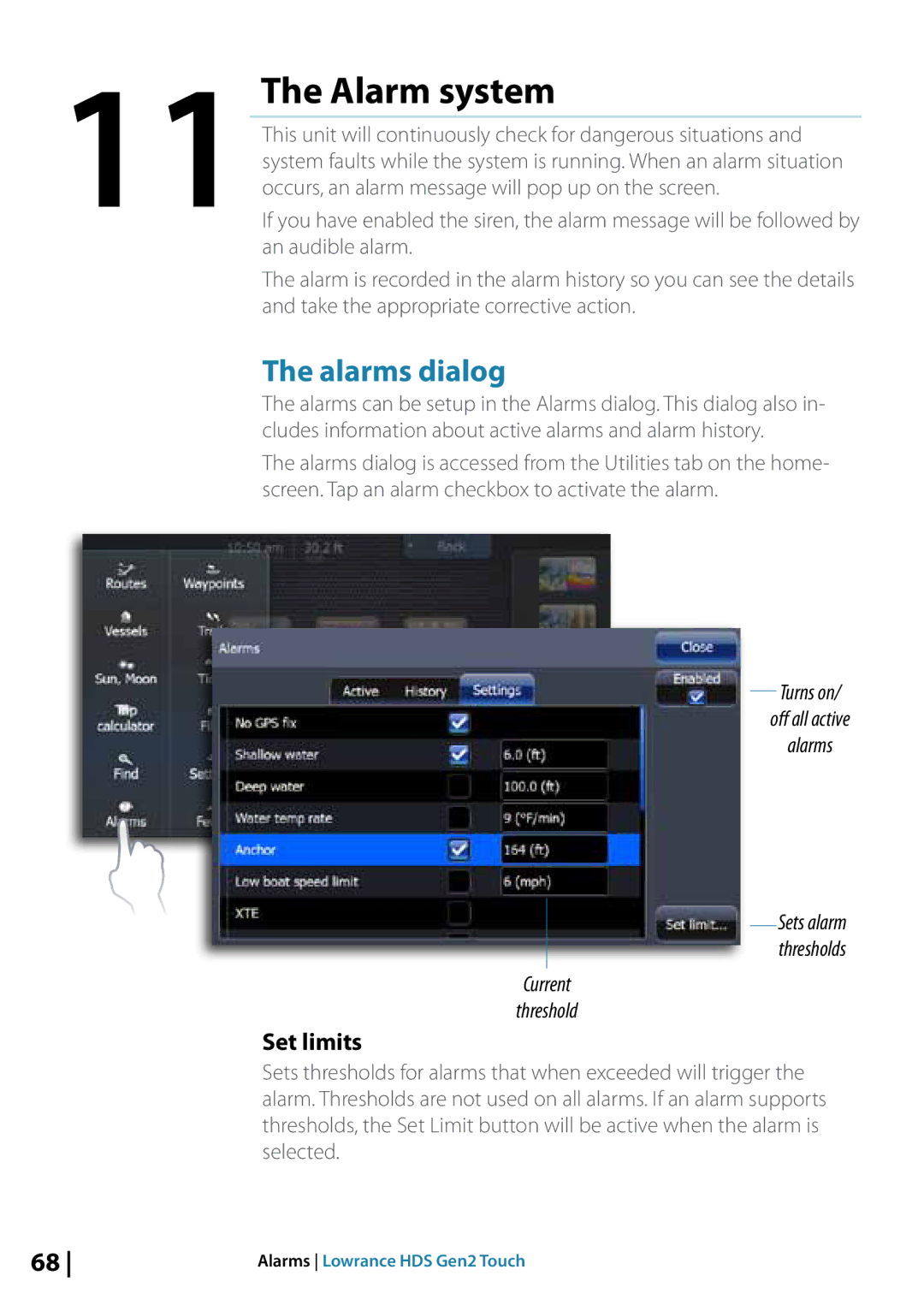 Lowrance electronic 10764001 manual 11The Alarm system, Alarms dialog, Set limits, Current Threshold 