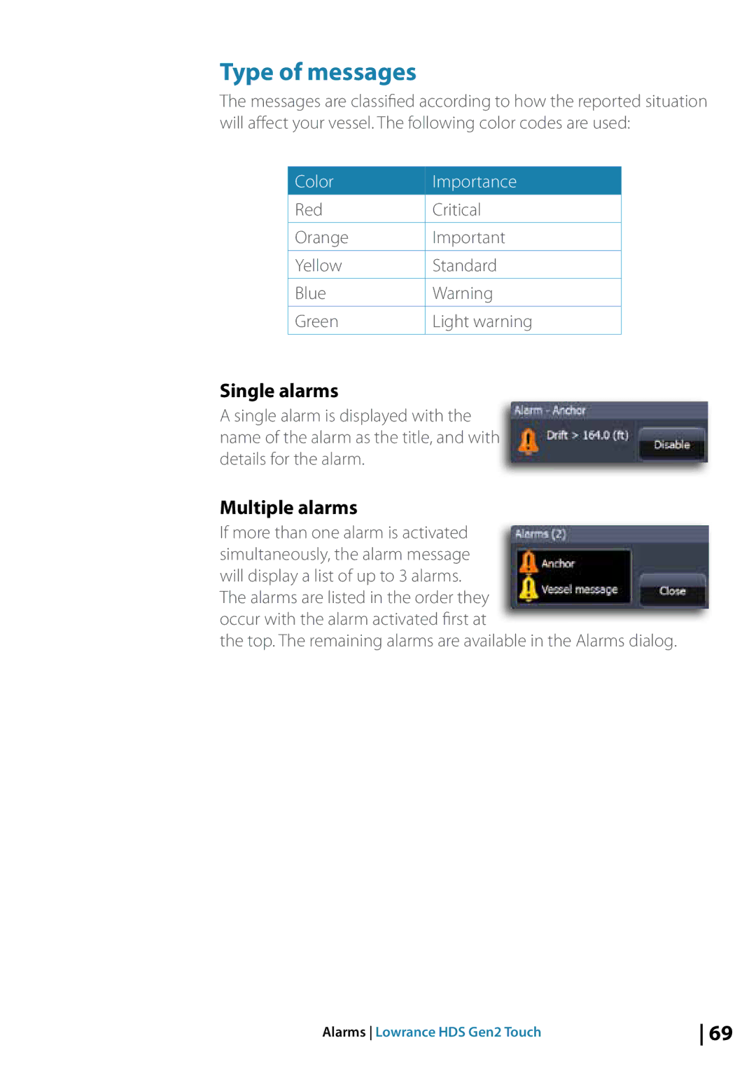 Lowrance electronic 10764001 manual Type of messages, Single alarms, Multiple alarms 