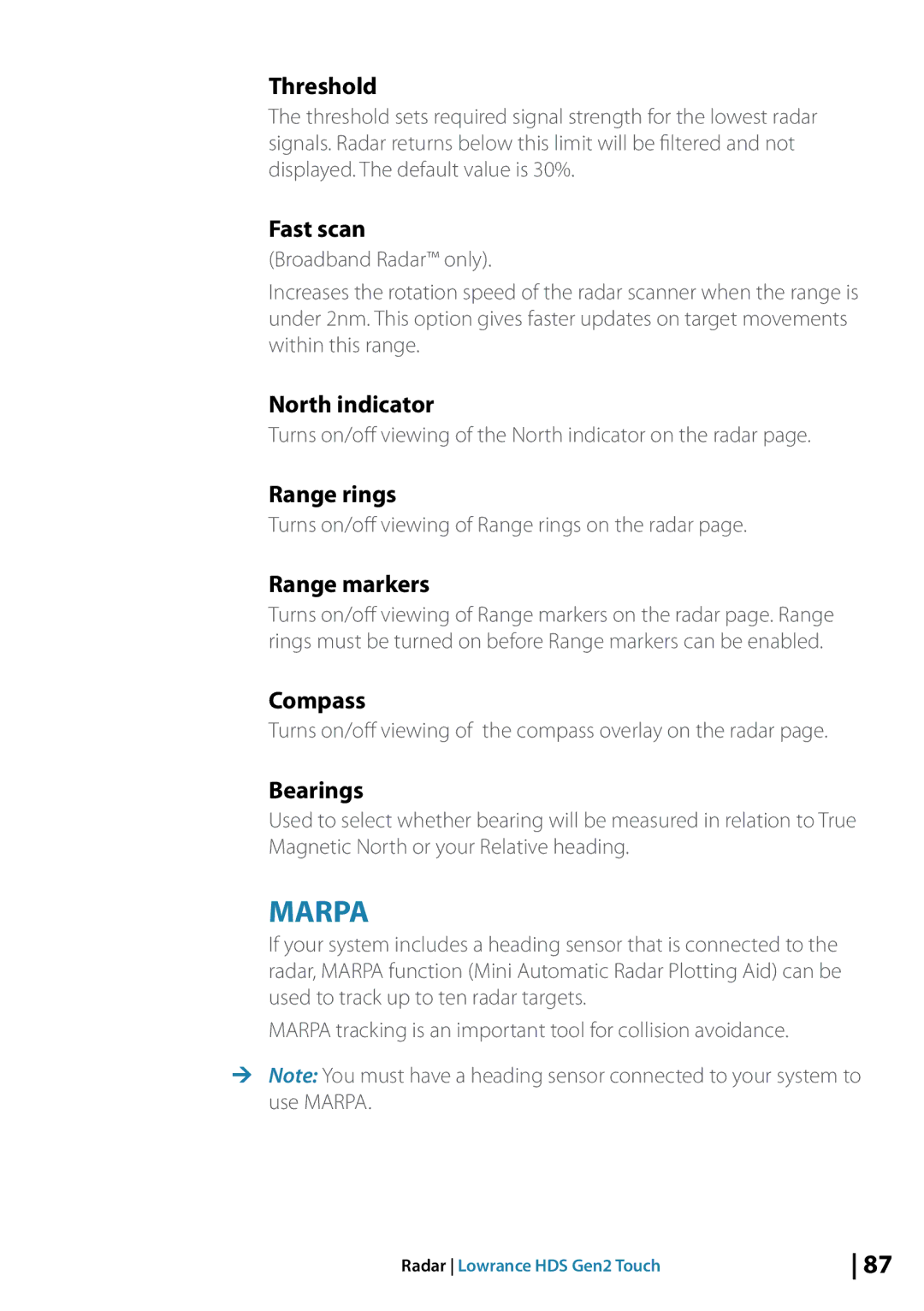 Lowrance electronic 10764001 manual Threshold, Fast scan, North indicator, Range markers, Compass, Bearings 