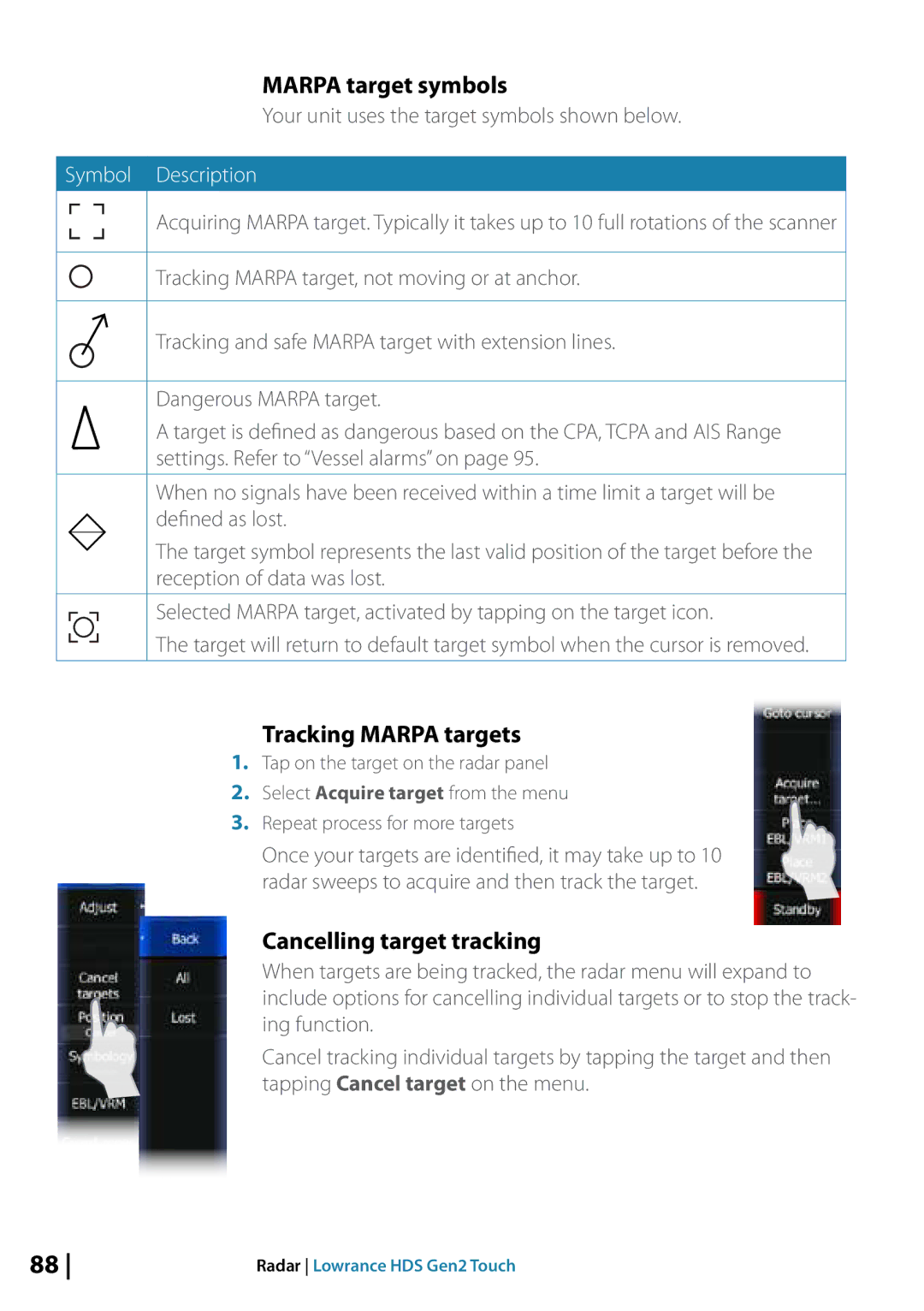 Lowrance electronic 10764001 manual Marpa target symbols, Tracking Marpa targets, Cancelling target tracking 