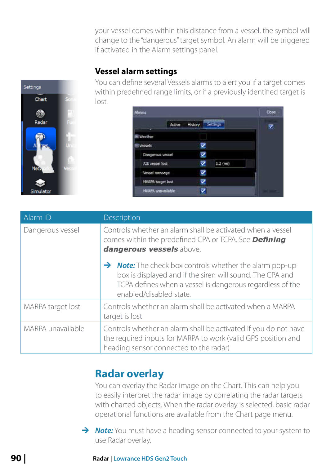 Lowrance electronic 10764001 manual Radar overlay, Vessel alarm settings 