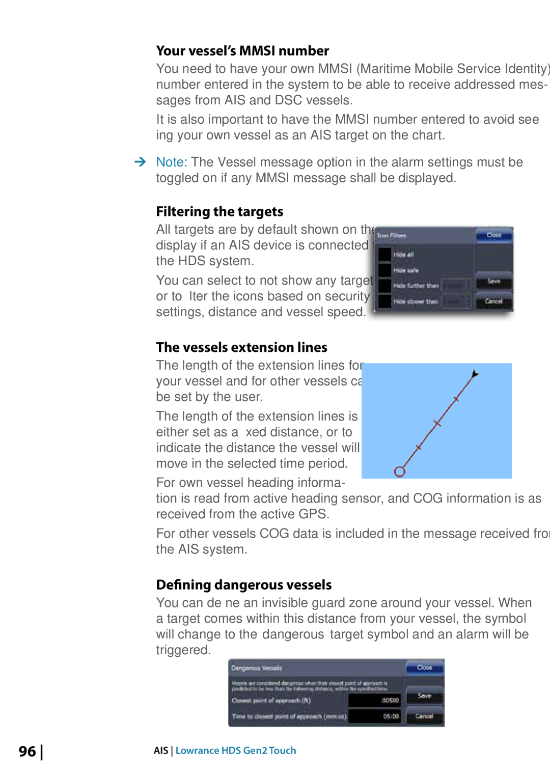 Lowrance electronic 10764001 manual Your vessel’s Mmsi number, Filtering the targets, Vessels extension lines 