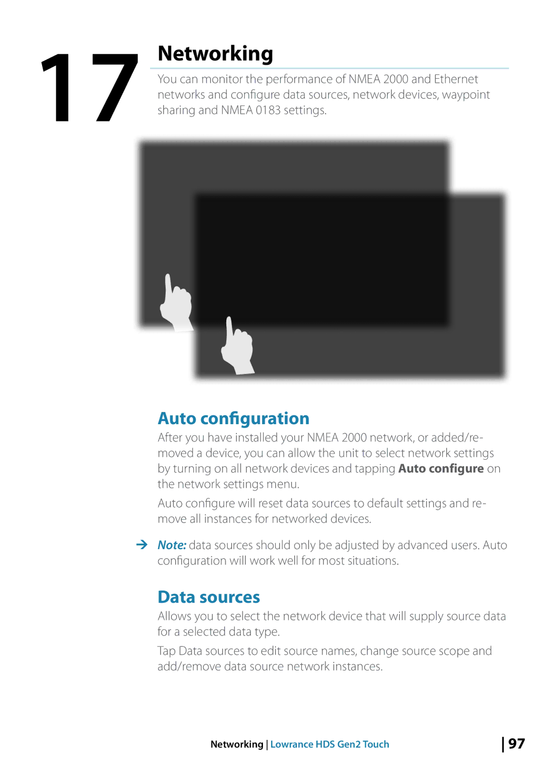 Lowrance electronic 10764001 manual Networking, Auto configuration, Data sources 