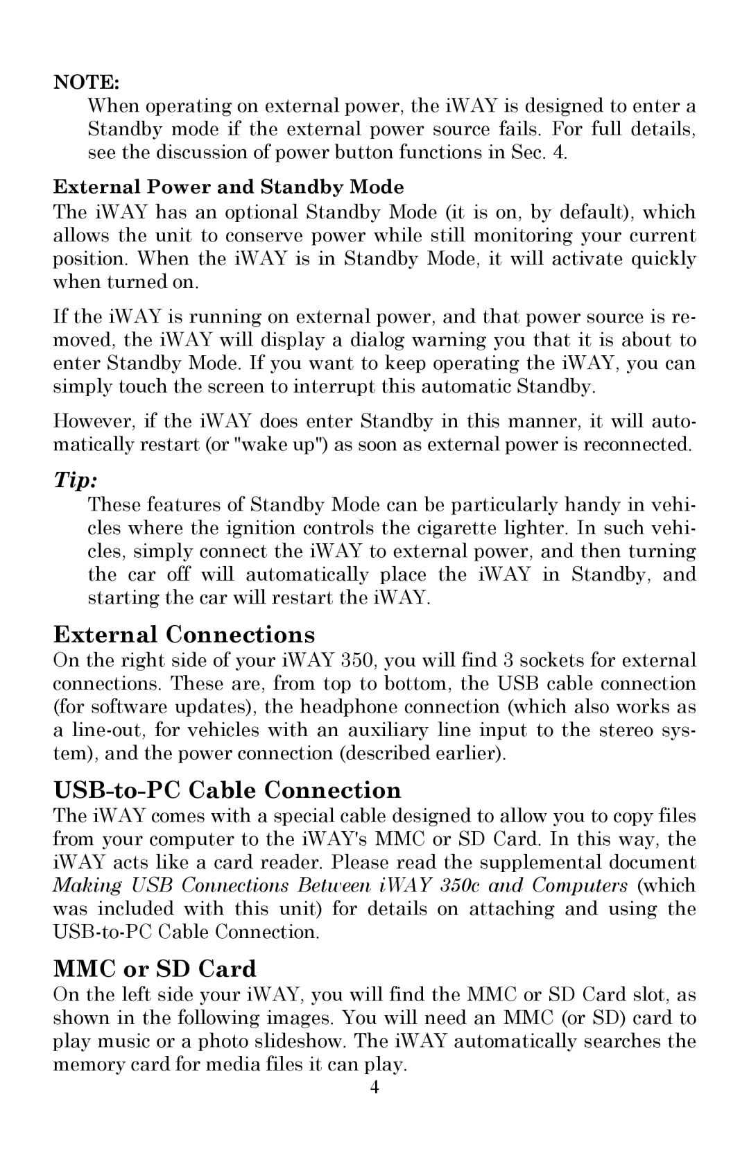 Lowrance electronic 350c External Connections, USB-to-PC Cable Connection, MMC or SD Card, External Power and Standby Mode 