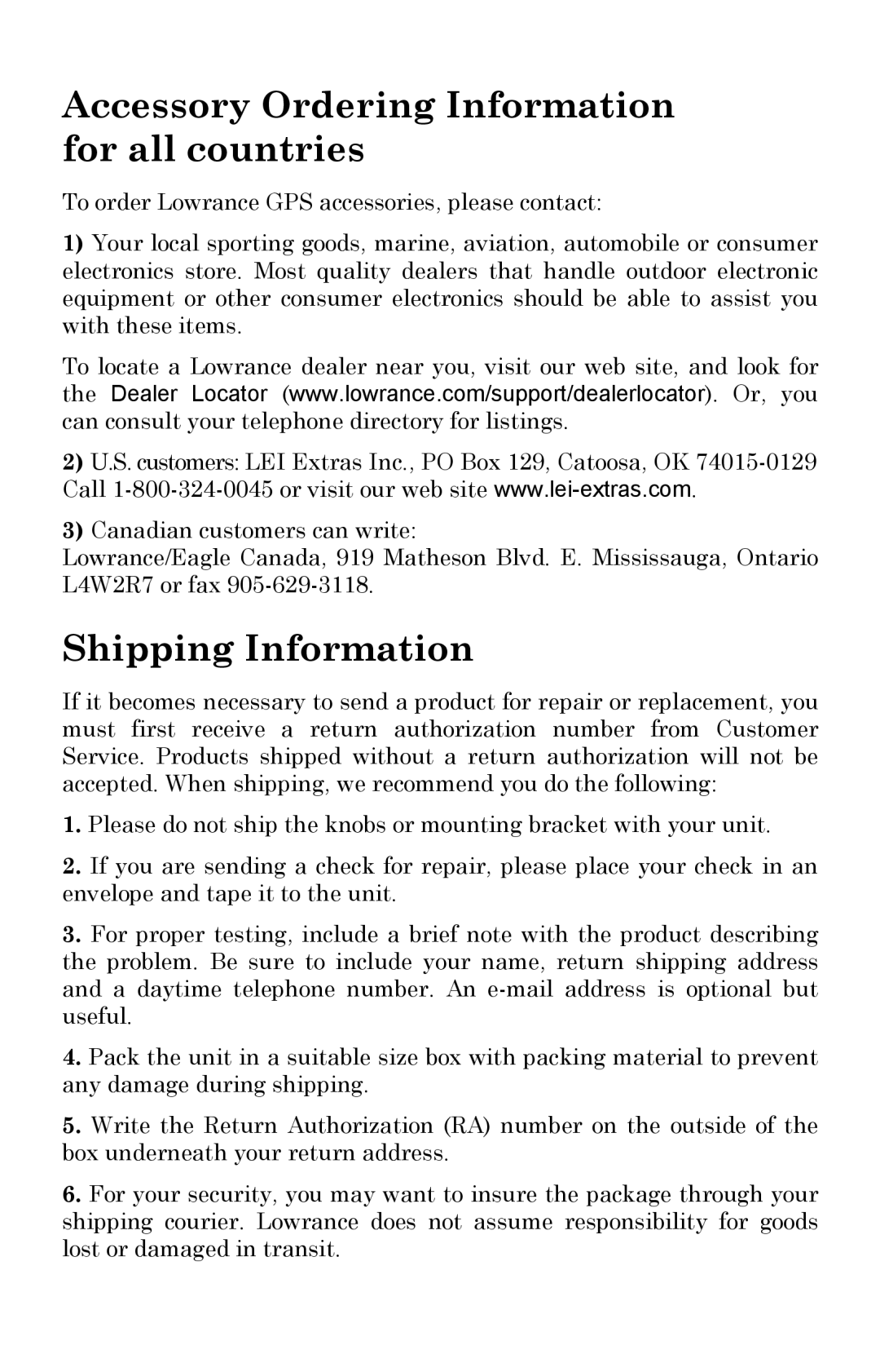 Lowrance electronic 350c manual Accessory Ordering Information for all countries 