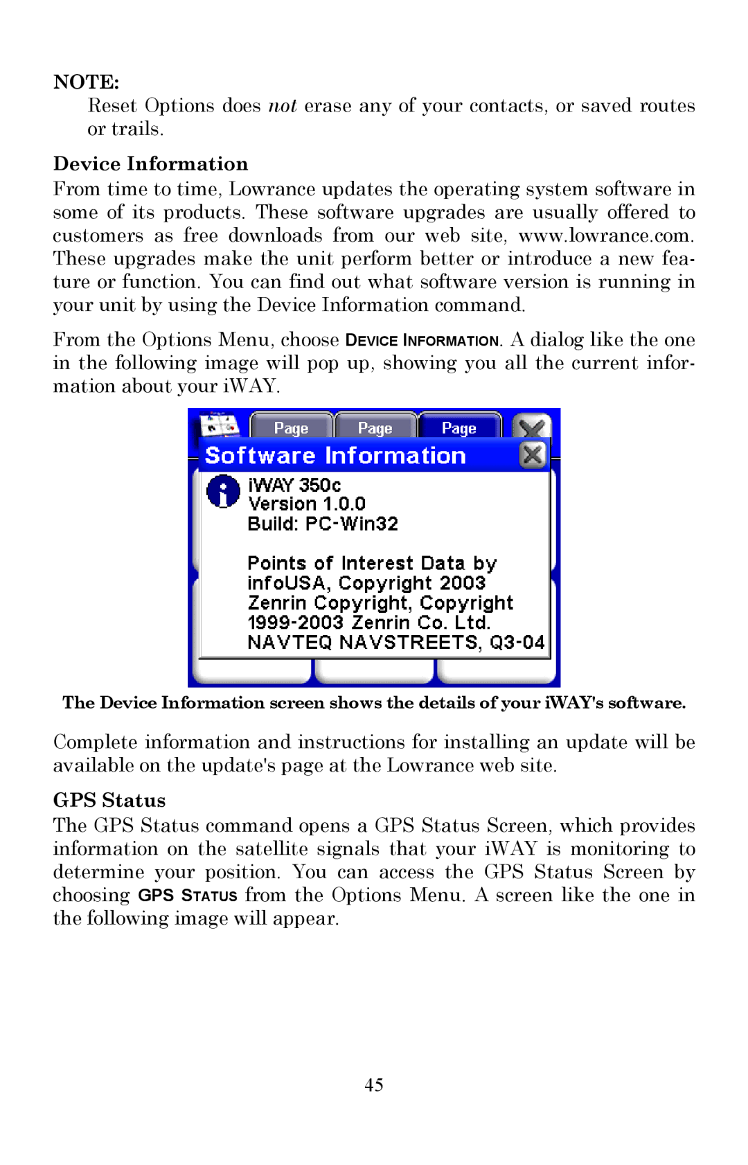 Lowrance electronic 350c manual Device Information, GPS Status 