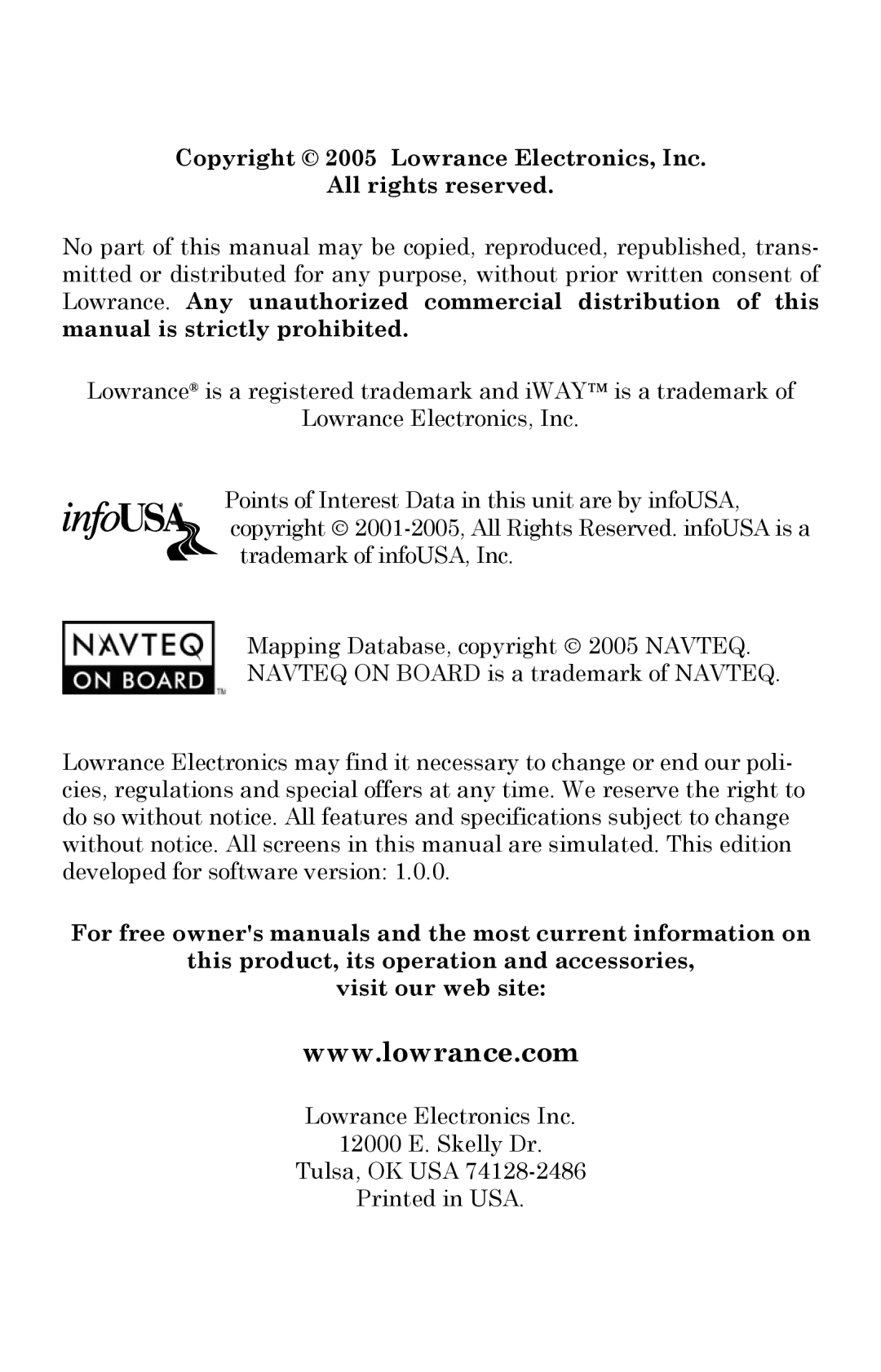 Lowrance electronic 350c manual Copyright 2005 Lowrance Electronics, Inc All rights reserved 