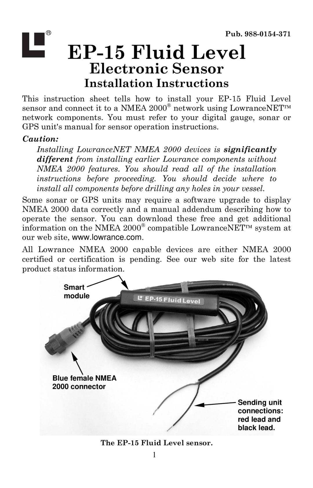 Lowrance electronic installation instructions EP-15 Fluid Level, Installation Instructions 