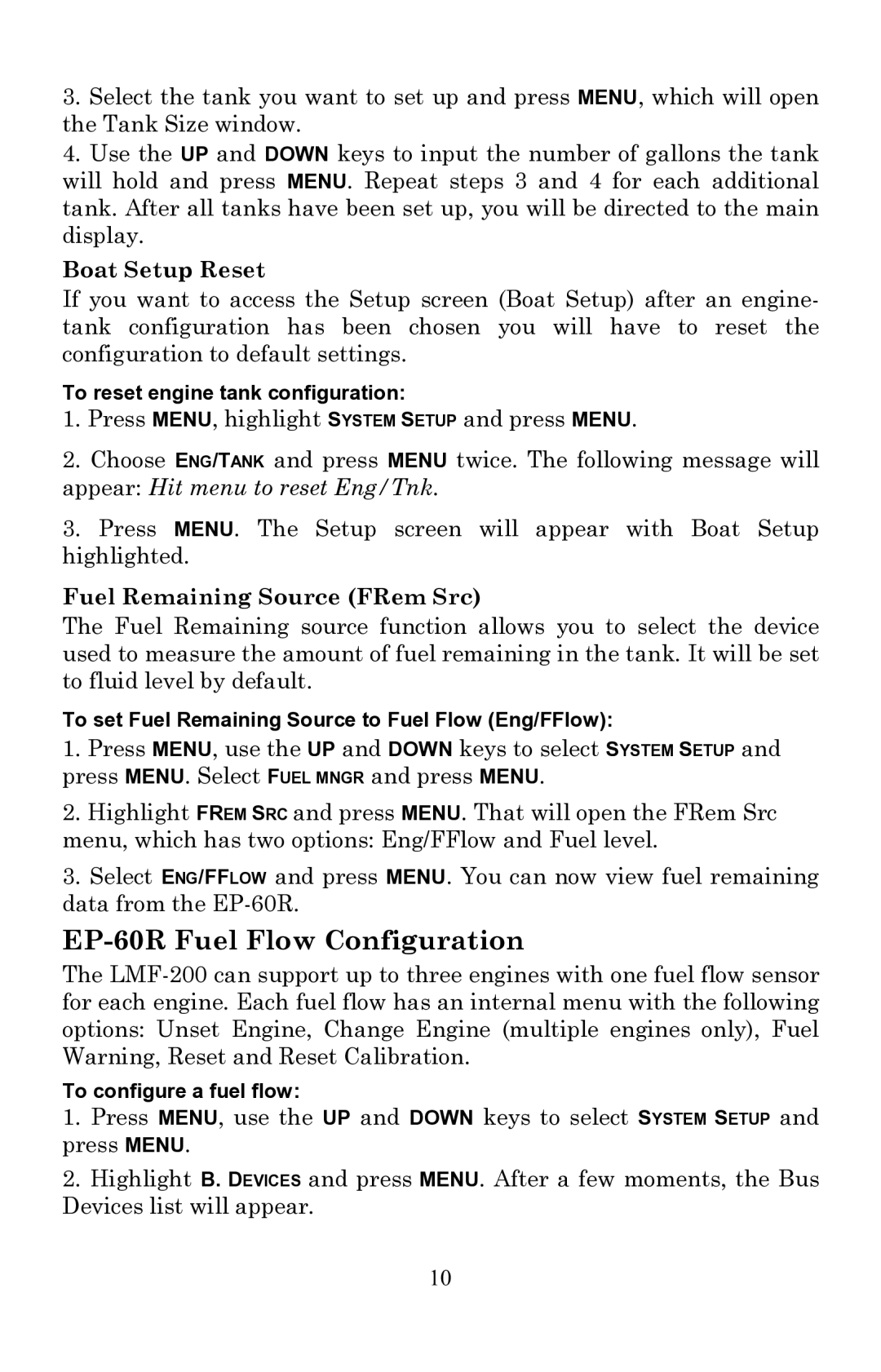 Lowrance electronic EP-60R Fuel Flow Configuration, Boat Setup Reset, Fuel Remaining Source FRem Src 