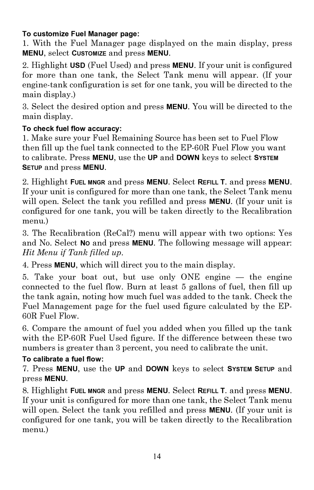 Lowrance electronic EP-60R installation instructions To customize Fuel Manager 