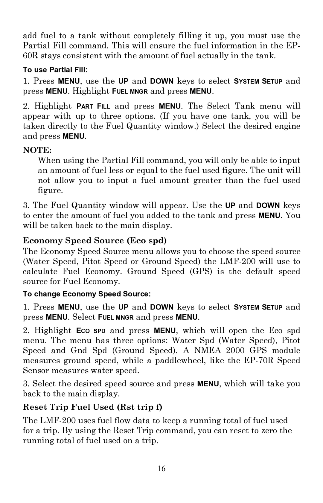 Lowrance electronic EP-60R installation instructions Economy Speed Source Eco spd, Reset Trip Fuel Used Rst trip f 