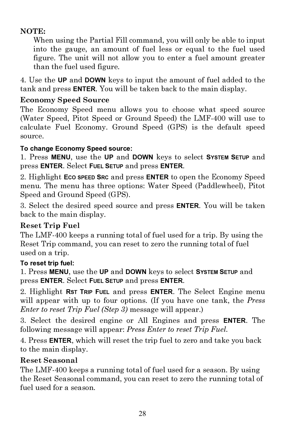 Lowrance electronic EP-60R installation instructions Economy Speed Source, Reset Trip Fuel, Reset Seasonal 