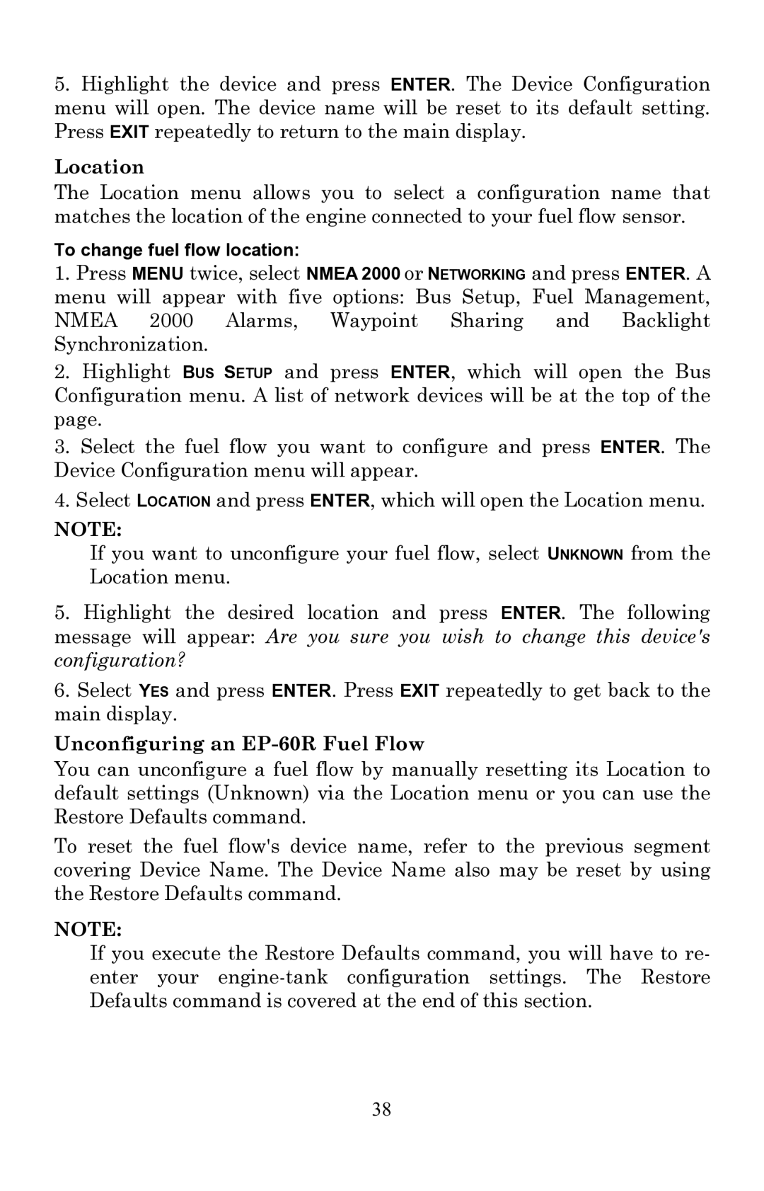 Lowrance electronic installation instructions Location, Unconfiguring an EP-60R Fuel Flow 