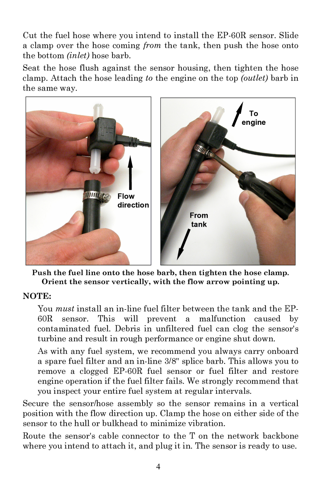 Lowrance electronic EP-60R installation instructions Flow direction Engine From Tank 