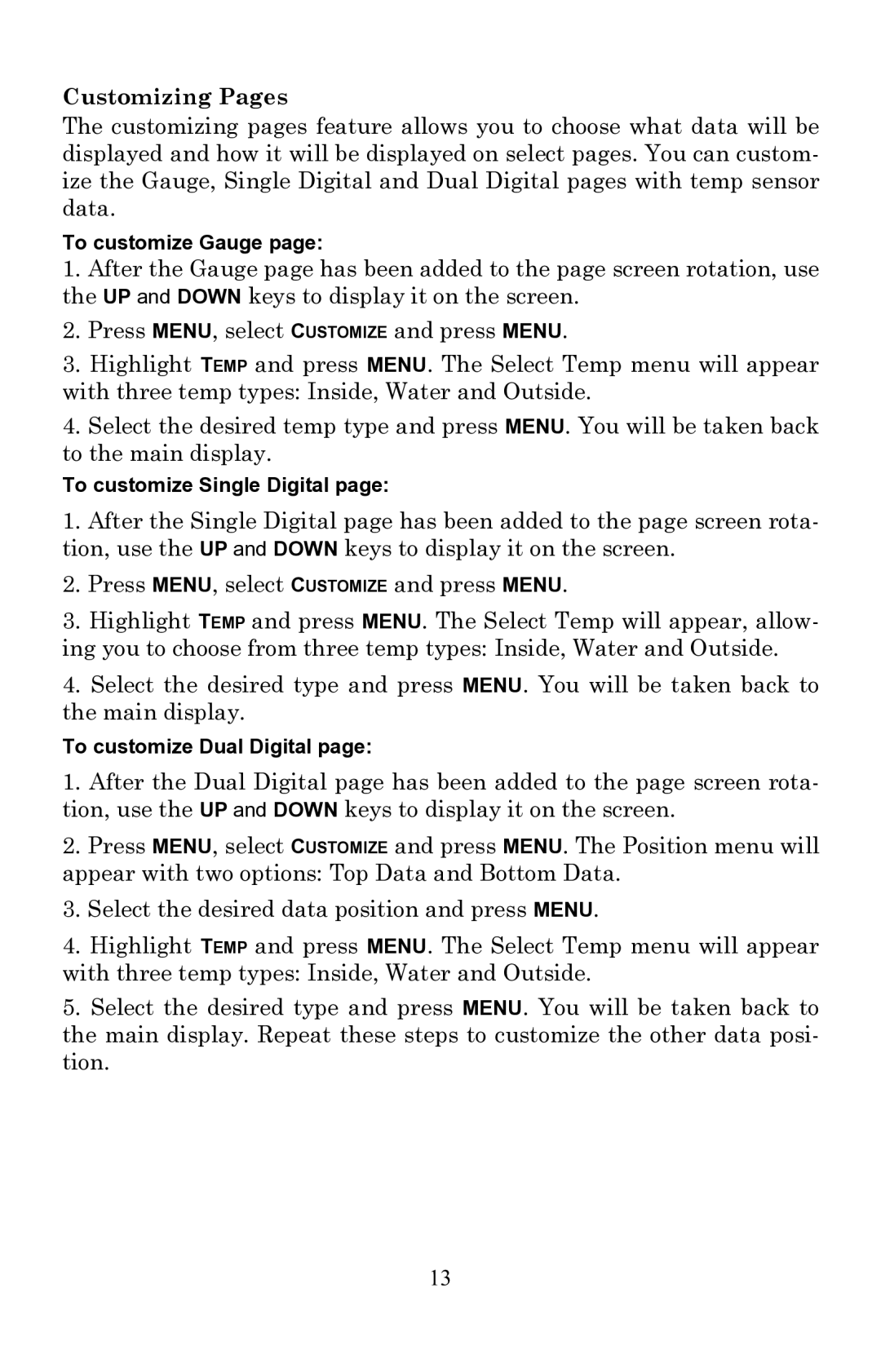 Lowrance electronic EP-80R TH installation instructions Customizing Pages 