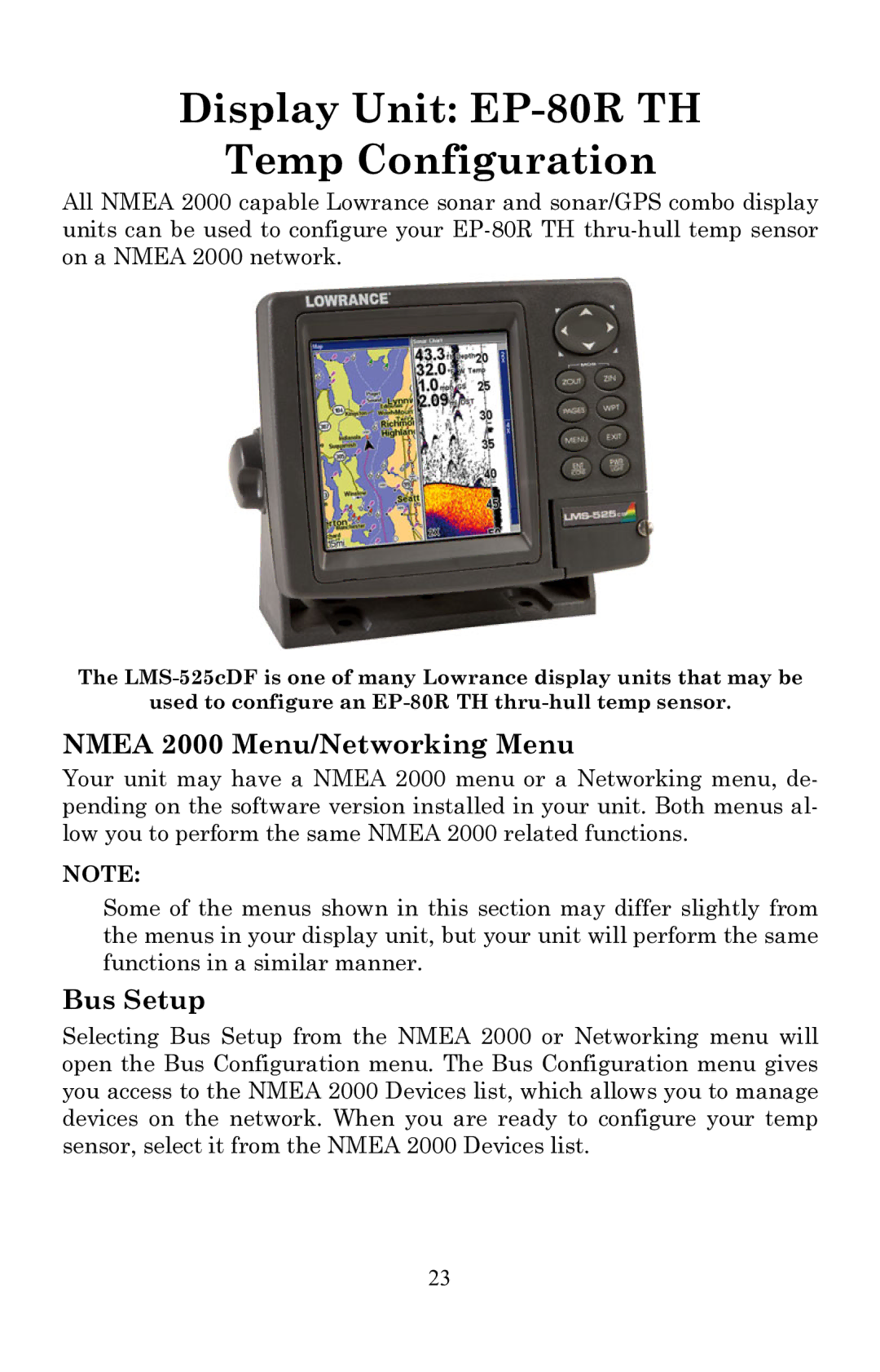 Lowrance electronic EP-80R TH installation instructions Nmea 2000 Menu/Networking Menu, Bus Setup 