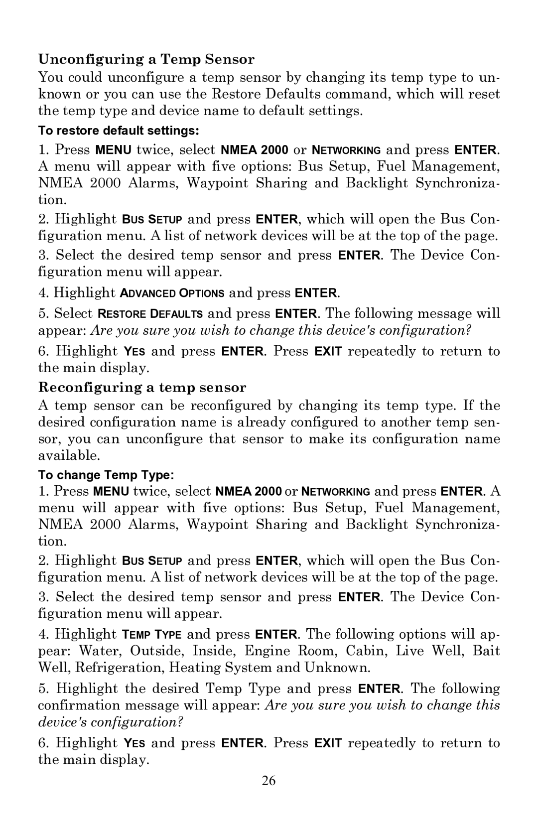 Lowrance electronic EP-80R TH installation instructions Unconfiguring a Temp Sensor, Reconfiguring a temp sensor 