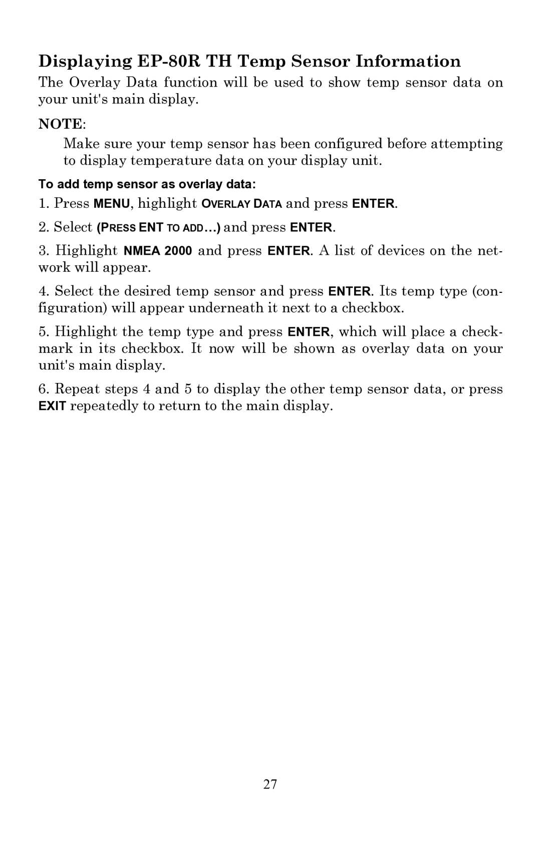 Lowrance electronic installation instructions Displaying EP-80R TH Temp Sensor Information 