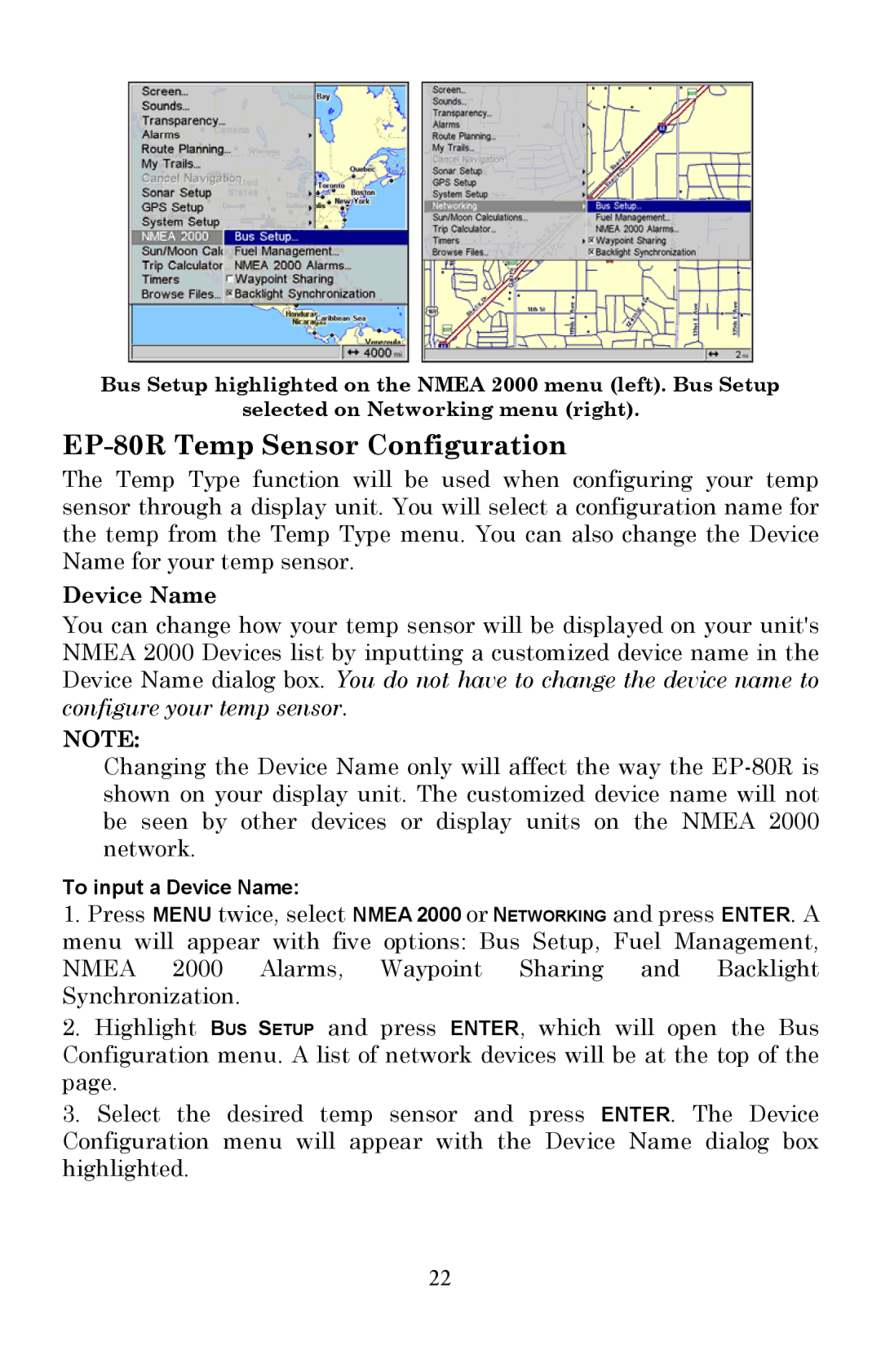 Lowrance electronic installation instructions EP-80R Temp Sensor Configuration, Device Name 