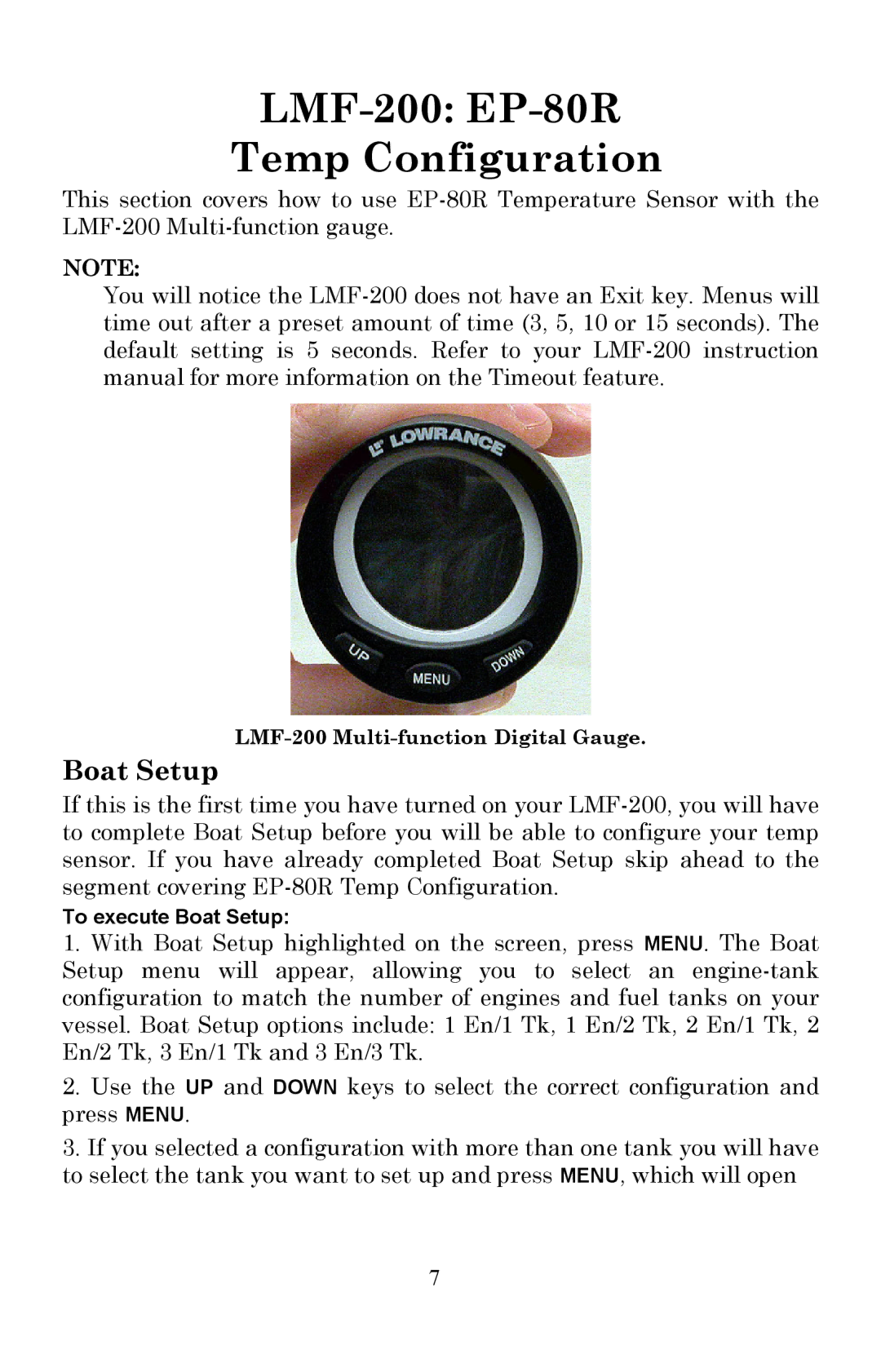 Lowrance electronic installation instructions LMF-200 EP-80R Temp Configuration, Boat Setup 