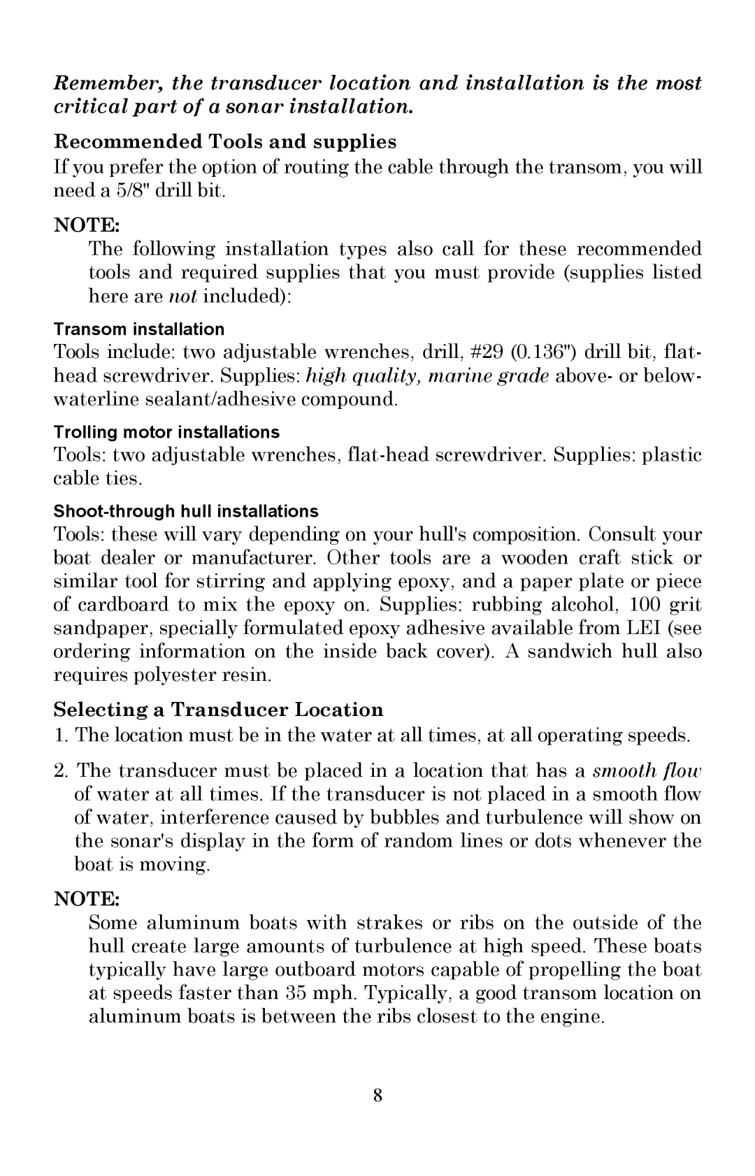 Lowrance electronic Fish Finder manual Recommended Tools and supplies, Selecting a Transducer Location 