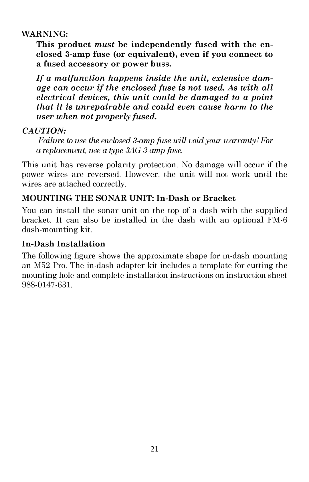 Lowrance electronic Fish Finder manual Mounting the Sonar Unit In-Dash or Bracket, In-Dash Installation 