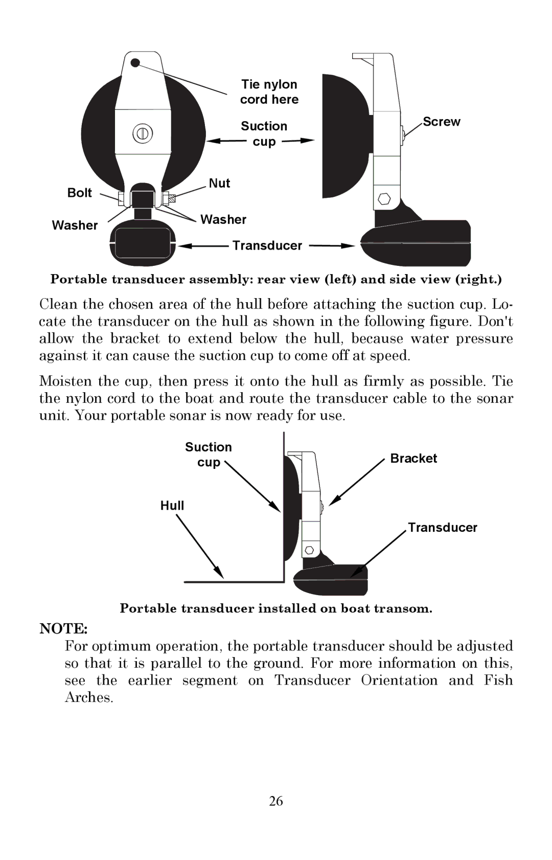 Lowrance electronic Fish Finder manual Portable transducer installed on boat transom 