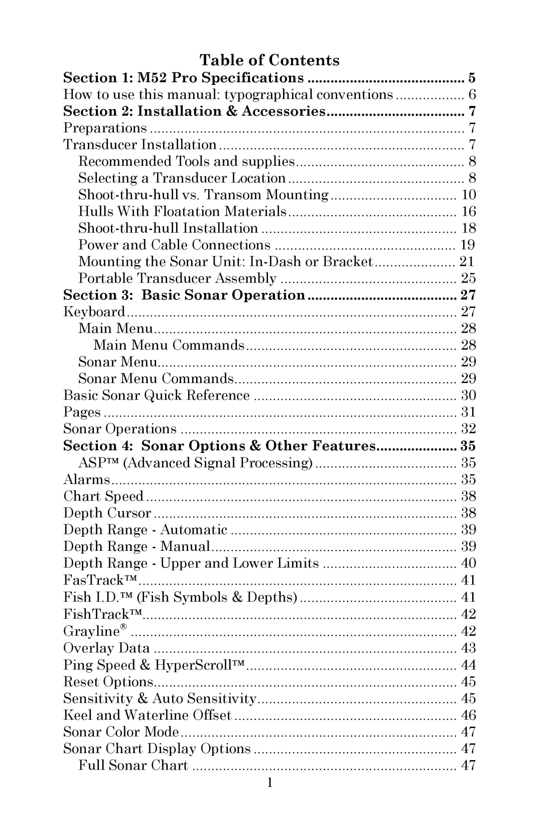 Lowrance electronic Fish Finder manual Table of Contents 